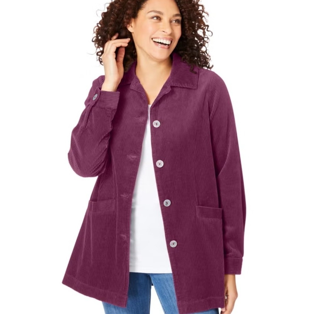 Woman Within Magenta Corduroy Coat Pleated Back Twee Swing Barn‎ Chore Cotton 1X